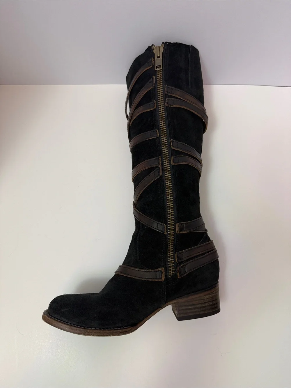 Freebird Women’s Black Garret Suede Tall Boots with Brown Straps‎ Size 7